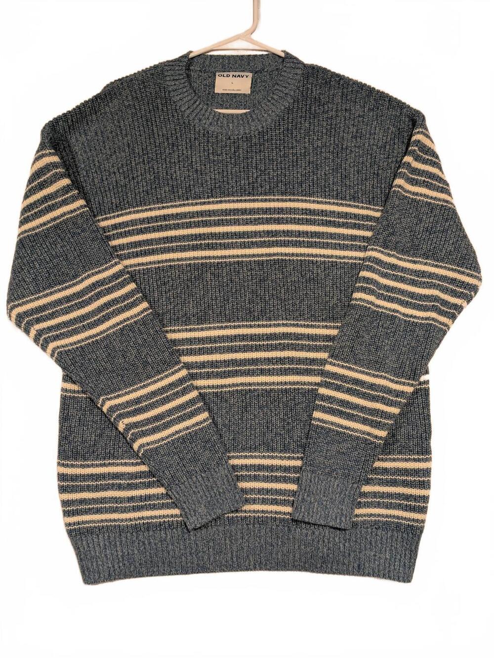 Old Navy Blue White Striped Knit Sweater Crewneck Pullover Mens Large